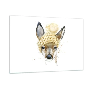 Quadro su vetro - Un capriolo con un cappello di lana con un pompon - 120x80cm - L'inverno nel bosco innevato - Decorazione murale moderna per soggiorno e camera da letto ARTTOR