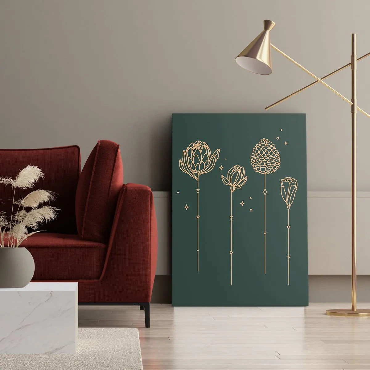 Quadro su tela - Stampe su Tela - Disegni dorati di erbe su sfondo verde scuro - 50x70cm - La famiglia delle erbe - Decorazione murale moderna per soggiorno e camera da letto ARTTOR