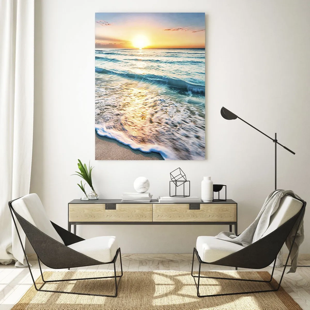 Quadro su vetro - Alba su una spiaggia tranquilla con onde - 70x100cm - Tramonto sul mare - Decorazione murale moderna per soggiorno e camera da letto ARTTOR