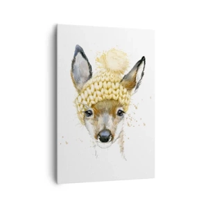 Quadro su tela - Stampe su Tela - Cervo acquerello con berretto giallo - 70x100cm - L'inverno nel bosco innevato - Decorazione murale moderna per soggiorno e camera da letto ARTTOR