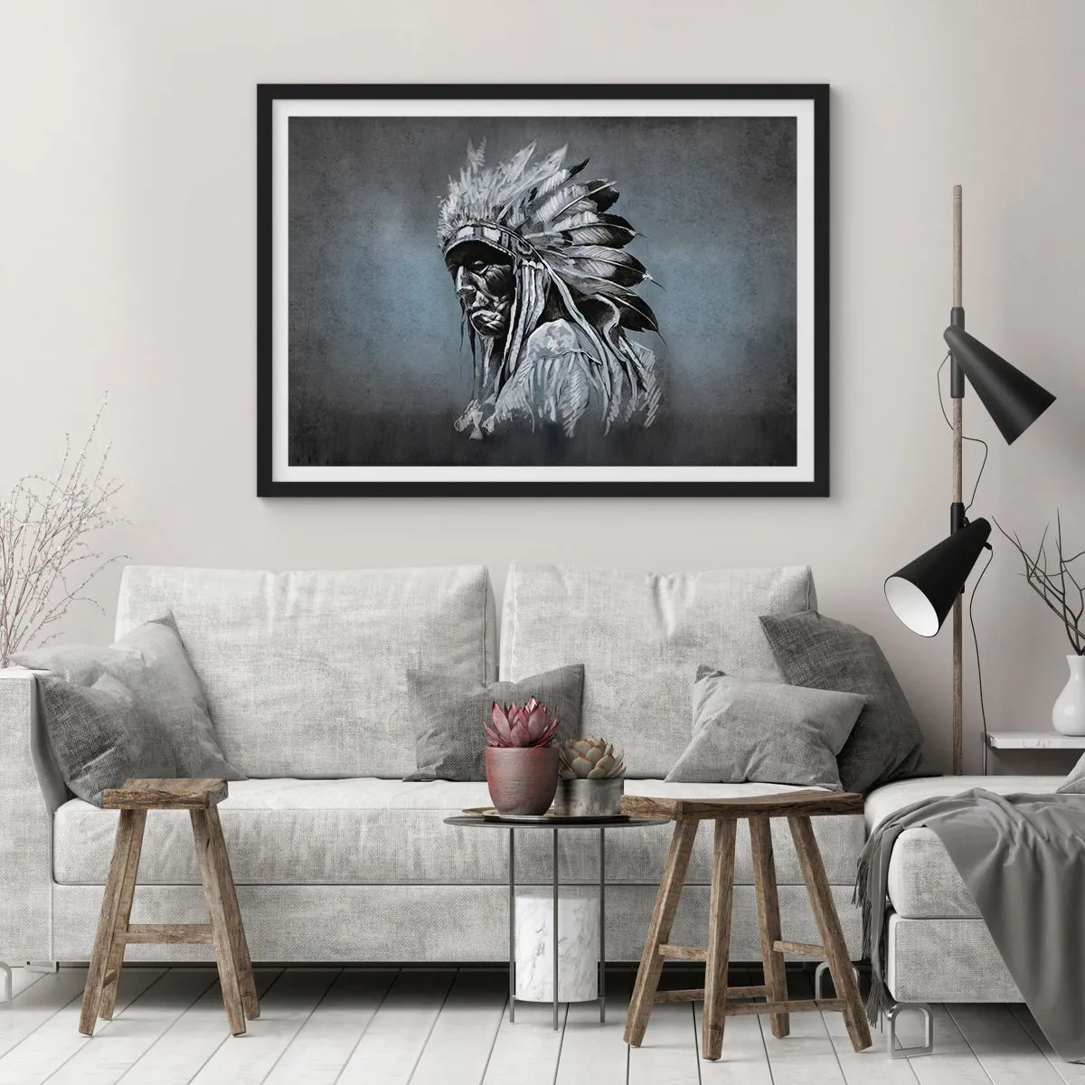 Poster in cornice nera - Ritratto di un capo indiano che indossa un copricapo tradizionale - 70x50cm - Ritorno alle radici - Decorazione murale moderna per soggiorno e camera da letto ARTTOR