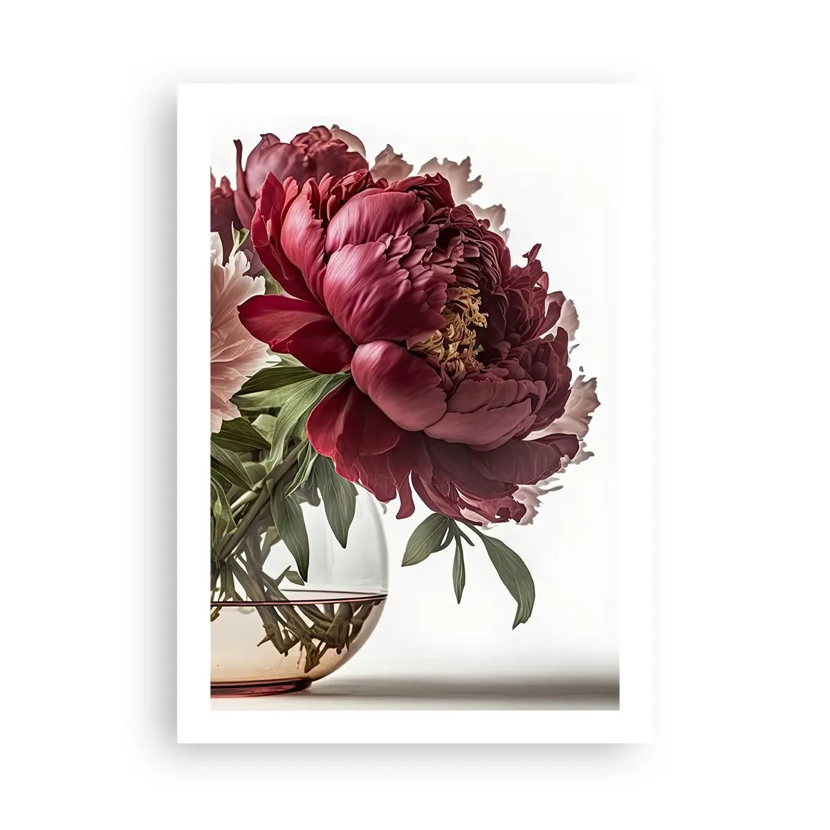 Poster - Peonie rosse in un vaso di vetro su uno sfondo bianco - 50x70cm - Bellezza in piena fioritura - Decorazione murale moderna per soggiorno e camera da letto ARTTOR