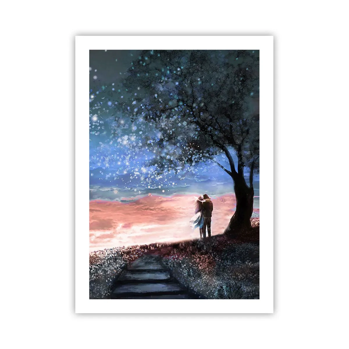 Poster - Una coppia sotto un albero alla luce delle stelle e in un paesaggio pittoresco - 50x70cm - Lo spettacolo delle stelle - Decorazione murale moderna per soggiorno e camera da letto ARTTOR