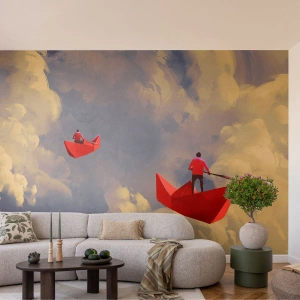 Fotomurali Premium Canvas - Barche di carta rossa che galleggiano tra le nuvole - 100x70cm - La spedizione dei sognatori - Decorazione murale moderna per soggiorno e camera da letto ARTTOR