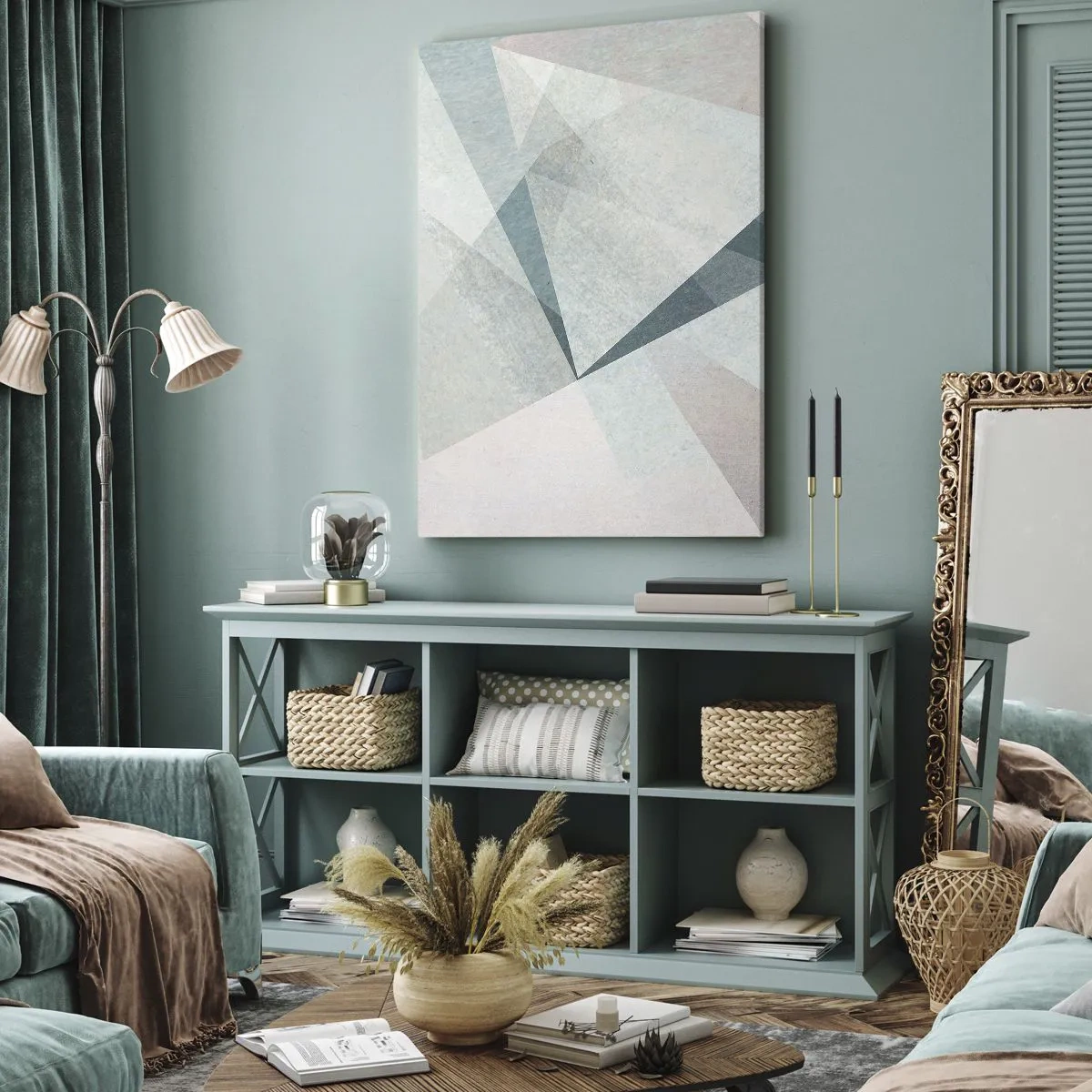 Quadro su tela - Stampe su Tela - Forme geometriche in tonalità pastello di blu e grigio - 50x70cm - Con calma ma dinamicamente - Decorazione murale moderna per soggiorno e camera da letto ARTTOR