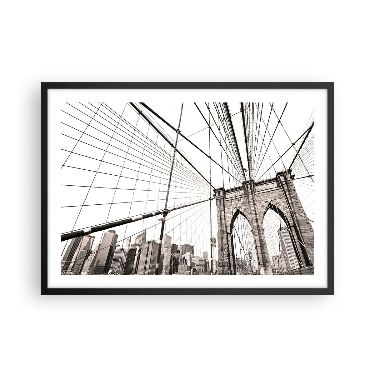 Poster in cornice nera - Il ponte di Brooklyn in monocromia - 70x50cm - La cattedrale di New York - Decorazione murale moderna per soggiorno e camera da letto ARTTOR