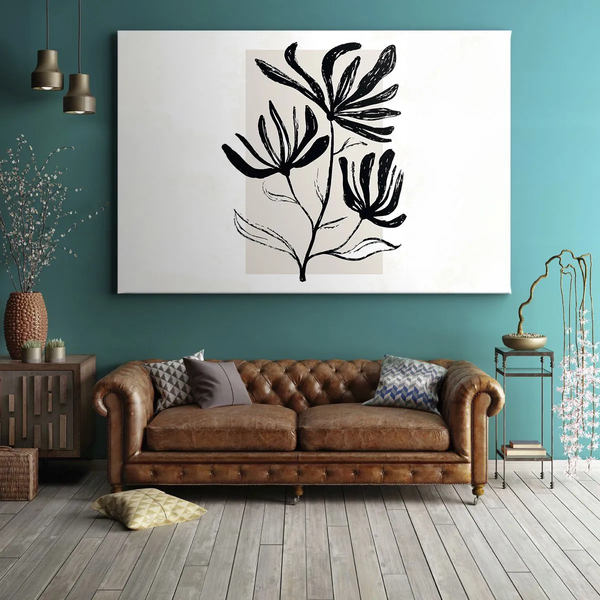 Quadro su tela - Stampe su Tela - Motivo floreale minimalista in bianco e nero - 120x80cm - Uno schizzo per l'erbario - Decorazione murale moderna per soggiorno e camera da letto ARTTOR