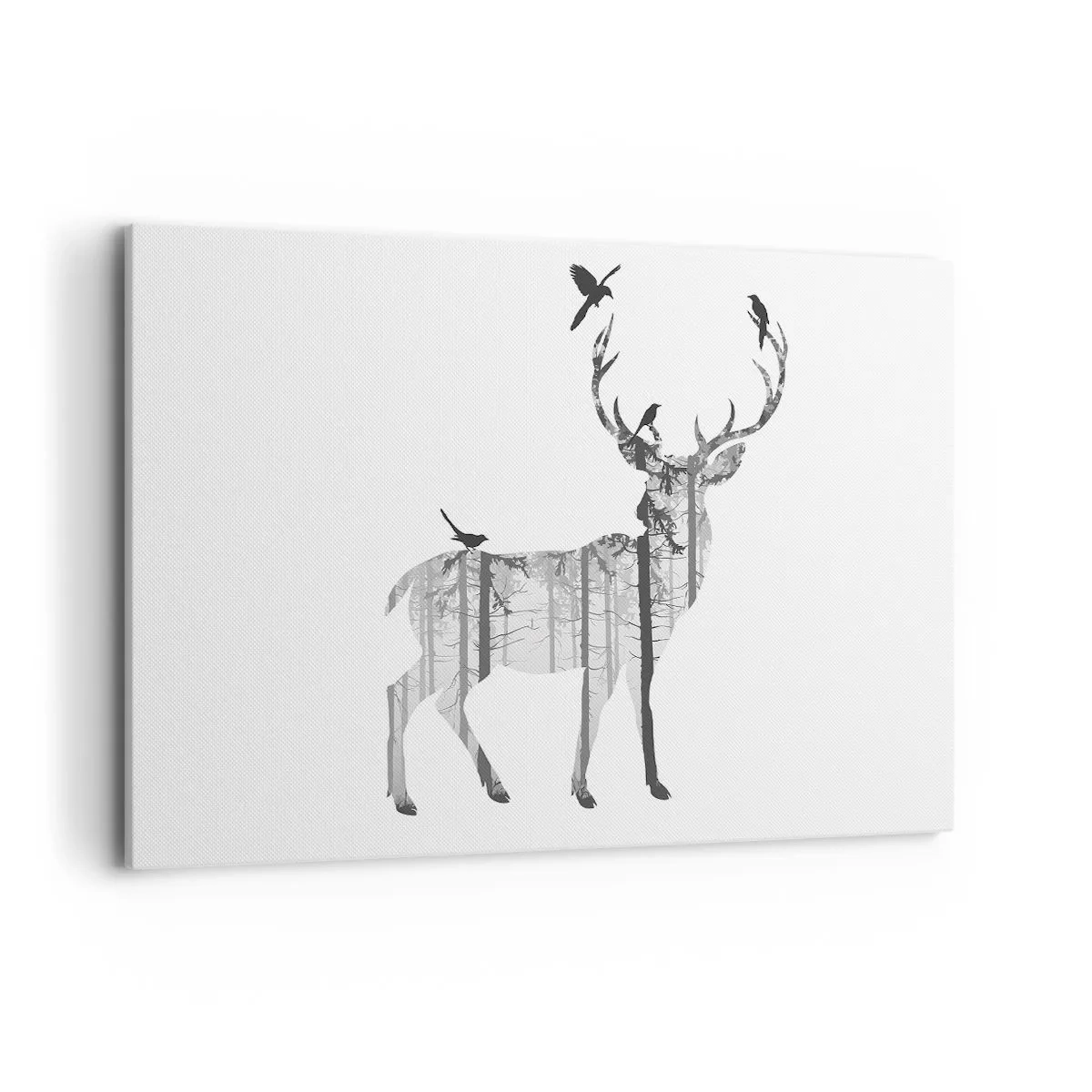 Quadro su tela - Stampe su Tela - Silhouette di un cervo con foresta e uccelli - 120x80cm - Lo spirito buono del bosco - Decorazione murale moderna per soggiorno e camera da letto ARTTOR