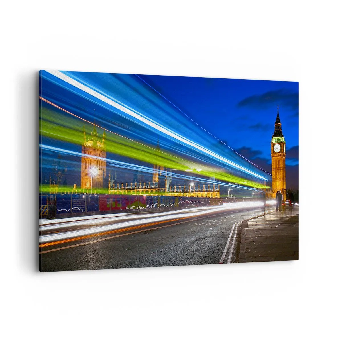 Quadro su tela - Stampe su Tela - Big Ben di notte con l'effetto delle luci nel traffico stradale - 120x80cm - Sotto lo sguardo del Big Ben - Decorazione murale moderna per soggiorno e camera da letto ARTTOR
