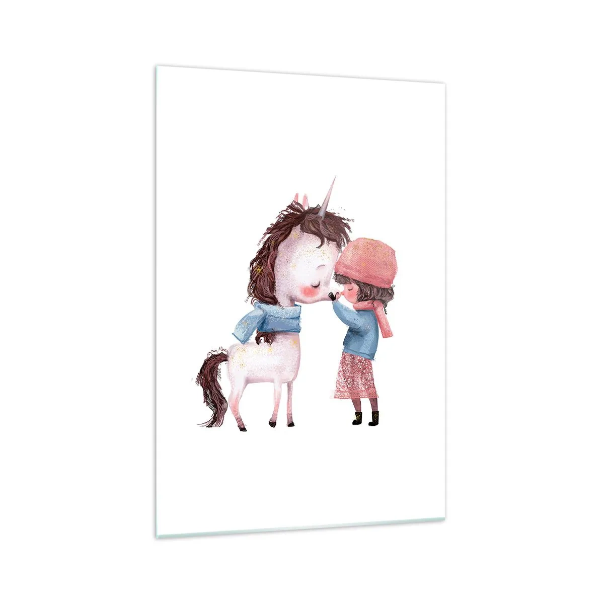Quadro su vetro - Una ragazza e un unicorno in uno scenario invernale - 70x100cm - Racconto d'inverno - Decorazione murale moderna per soggiorno e camera da letto ARTTOR