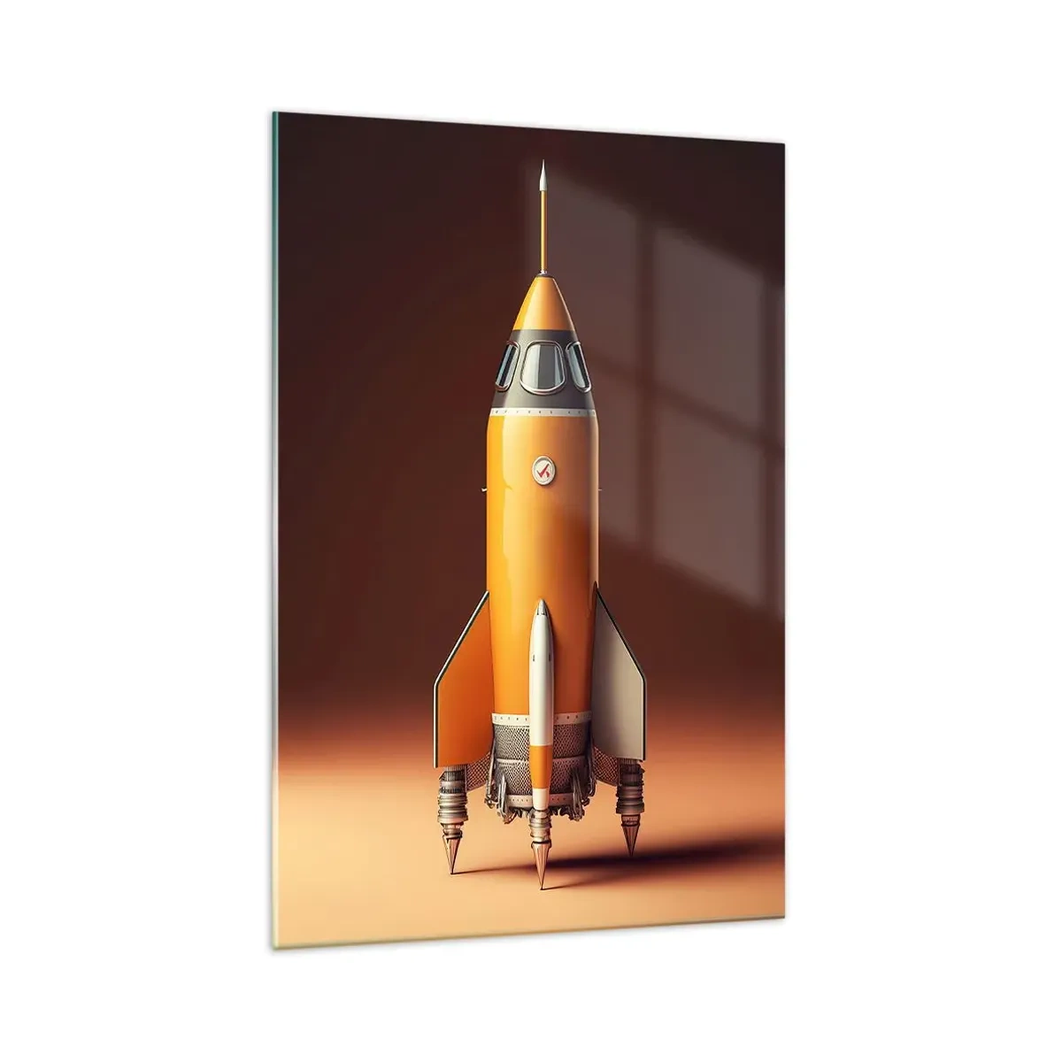 Quadro su vetro - Un razzo in stile retrò su uno sfondo di toni marroni - 70x100cm - Si inizia dai sogni - Decorazione murale moderna per soggiorno e camera da letto ARTTOR