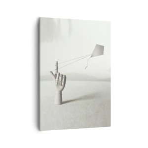 Quadro su tela - Stampe su Tela - Una mano di legno minimalista con un aquilone su uno sfondo paesaggistico. - 50x70cm - Prova di forza - Decorazione murale moderna per soggiorno e camera da letto ARTTOR