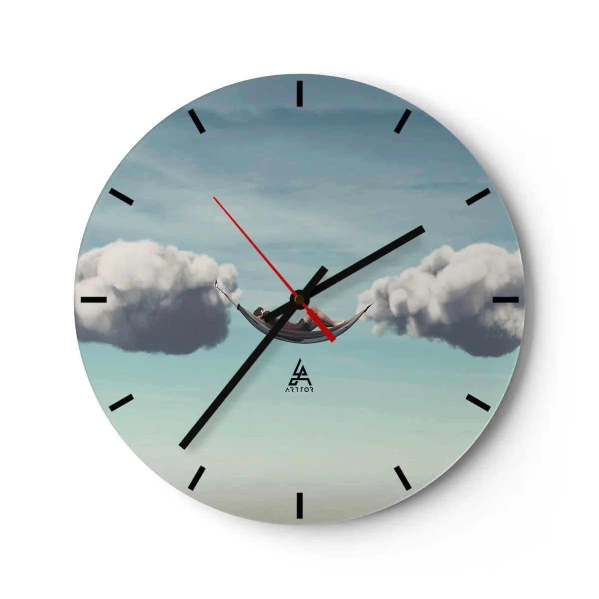 Orologio da parete - Orologio in Vetro - Un'amaca sospesa sulle nuvole - 30x30cm - La felicità del momento - Decorazione murale moderna per soggiorno, cucina e camera da letto ARTTOR
