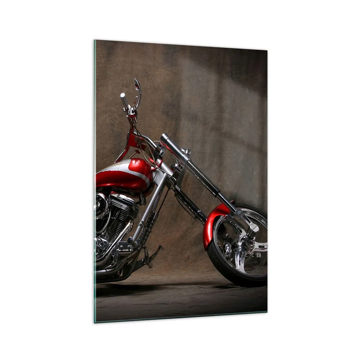 Quadro su vetro - Motocicletta personalizzata rossa su sfondo in tessuto marrone - 70x100cm - Bellezza in rosso e argento - Decorazione murale moderna per soggiorno e camera da letto ARTTOR