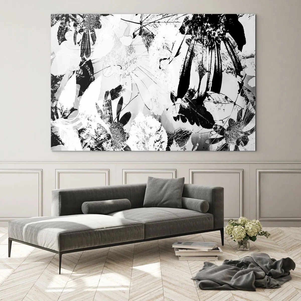 Quadro su vetro - Composizione floreale in bianco e nero in stile artistico - 120x80cm - Autunno in negativo - Decorazione murale moderna per soggiorno e camera da letto ARTTOR