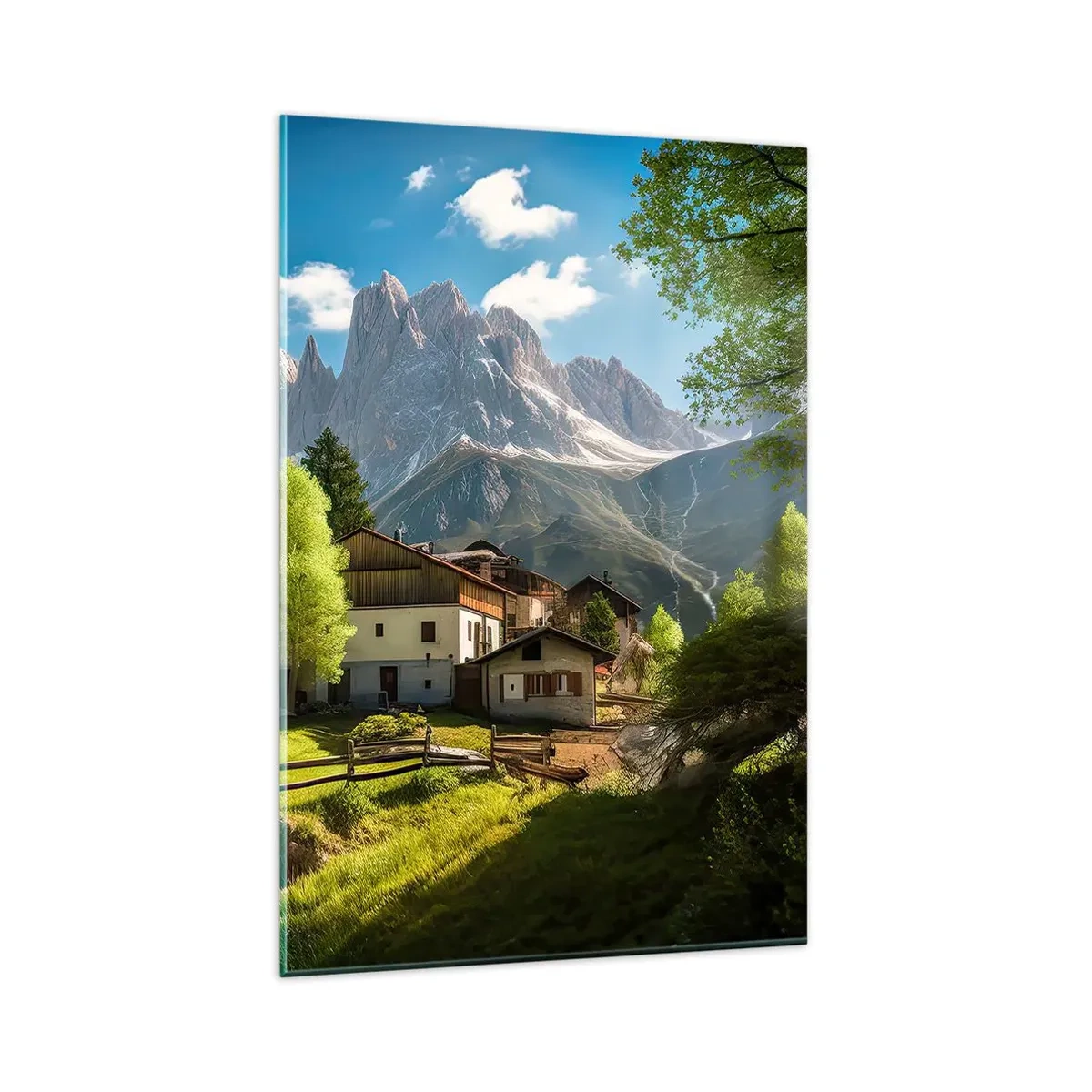 Quadro su vetro - Un villaggio di montagna con case e vista sulle Alpi - 80x120cm - Idillio alpino - Decorazione murale moderna per soggiorno e camera da letto ARTTOR