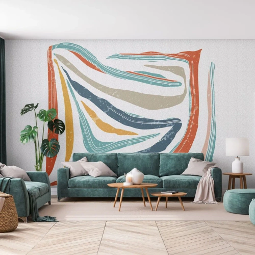 Fotomurali Premium Sand - Strisce astratte colorate in forma geometrica su sfondo bianco - 100x70cm - Astrazione piacevolmente sorridente - Decorazione murale moderna per soggiorno e camera da letto ARTTOR