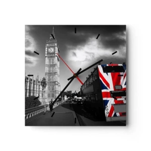 Orologio da parete - Orologio in Vetro - Il Big Ben e un autobus con una bandiera britannica su uno sfondo bianco e nero - 30x30cm - Orgogliosa e grande - Decorazione murale moderna per soggiorno e camera da letto ARTTOR