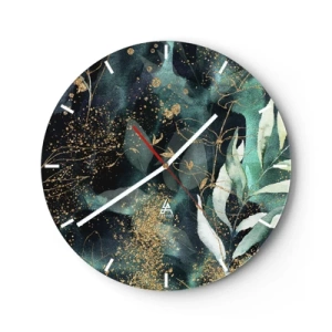 Orologio da parete - Orologio in Vetro - Foglie verdi e accenti dorati su uno sfondo scuro - 30x30cm - Il giardino incantato - Decorazione murale moderna per soggiorno, cucina e camera da letto ARTTOR