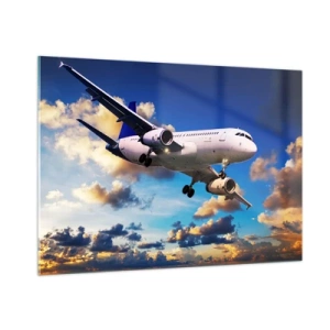 Quadro su vetro - Un aereo in volo contro un cielo pittoresco - 100x70cm - Viaggio nel bianco e nel blu - Decorazione murale moderna per soggiorno e camera da letto ARTTOR