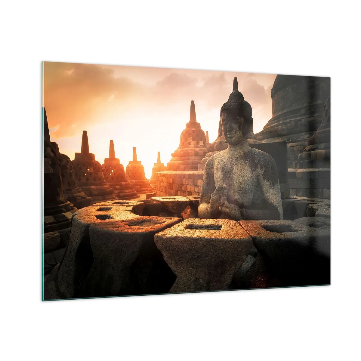 Quadro su vetro - Una statua del Buddha illuminata dal sole al tramonto in un antico complesso di templi - 100x70cm - La pagoda della grande saggezza - Decorazione murale moderna per soggiorno e camera da letto ARTTOR