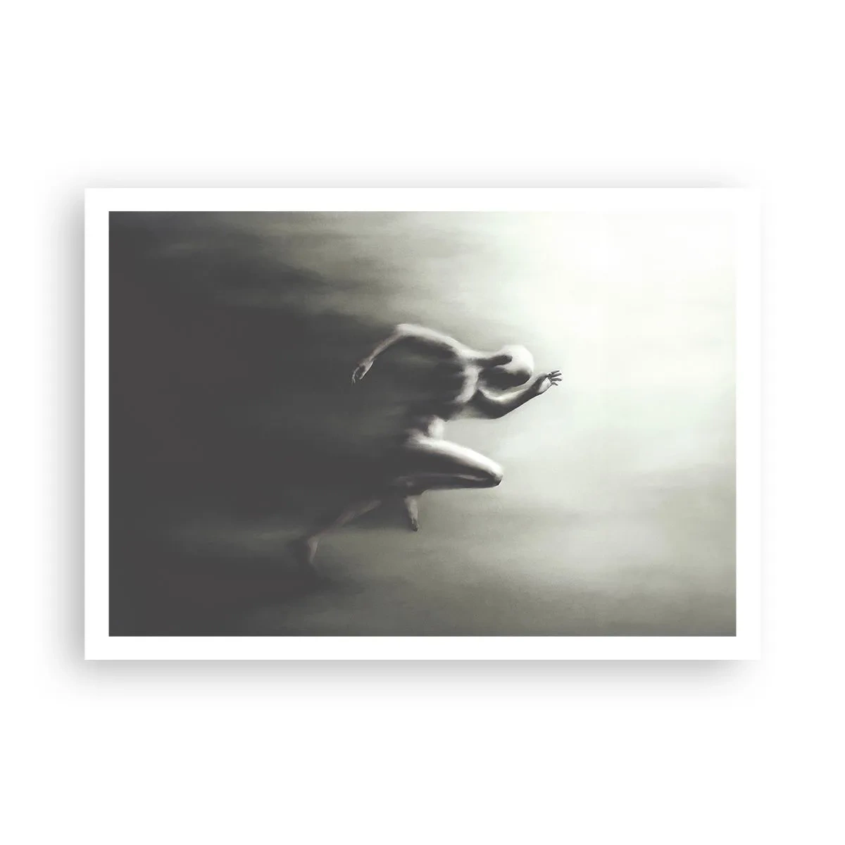 Poster - Una silhouette in bianco e nero di una figura in corsa, realizzata in uno stile dinamico e surreale. - 100x70cm - Inarrestabile - Decorazione murale moderna per soggiorno e camera da letto ARTTOR
