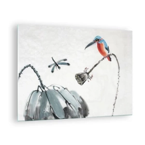 Quadro su vetro - Illustrazione di un uccello colorato e una libellula su uno sfondo di vegetazione - 70x50cm - La vita del prato - Decorazione murale moderna per soggiorno e camera da letto ARTTOR