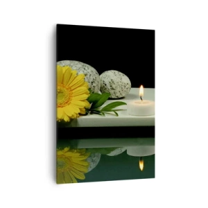 Quadro su tela - Stampe su Tela - Fiore giallo, candele e pietre sullo sfondo dell'acqua - 70x100cm - Il sollievo dei sensi - Decorazione murale moderna per soggiorno e camera da letto ARTTOR