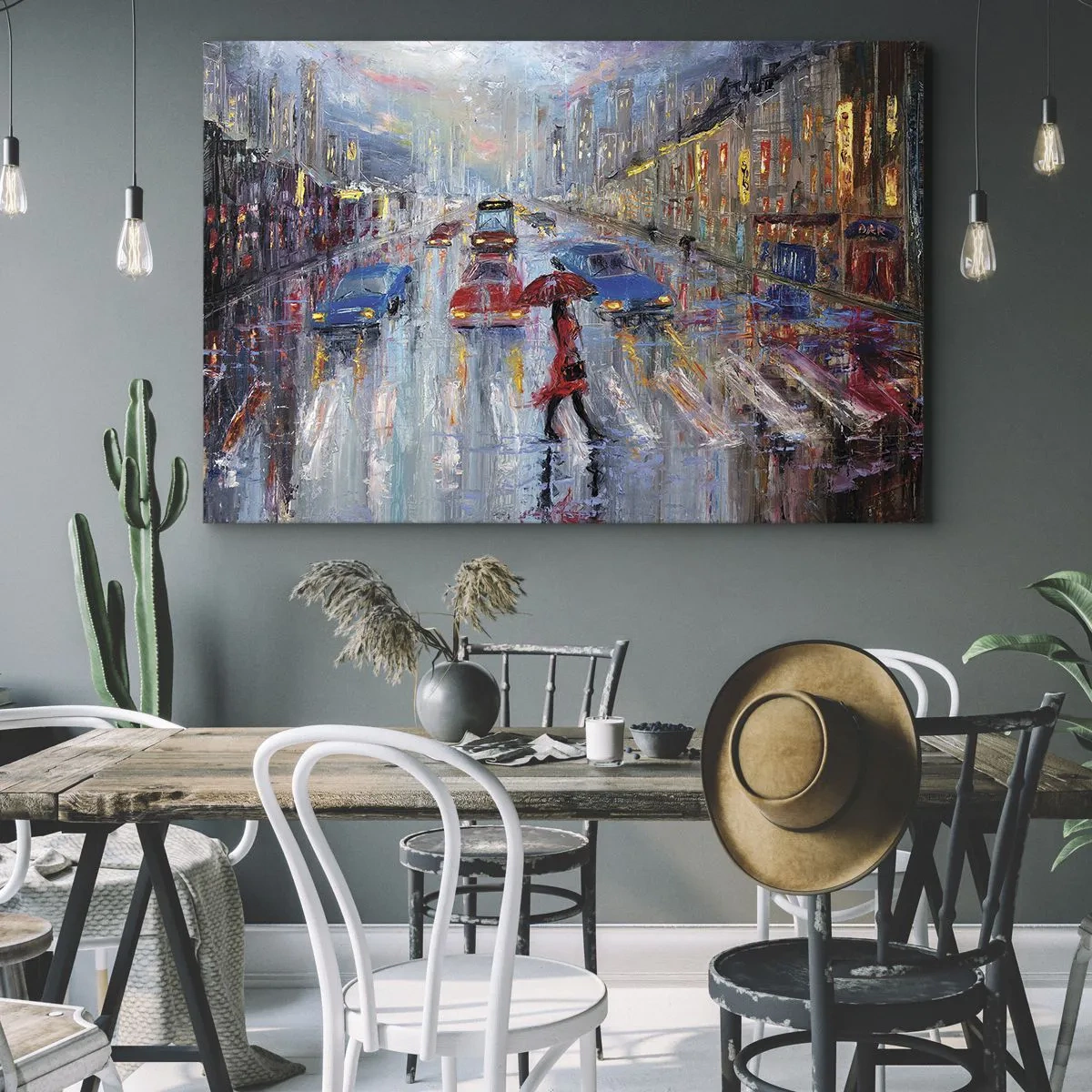 Quadro su tela - Stampe su Tela - Una donna con un ombrello in una strada piovosa, illuminata dalle luci al neon. - 70x50cm - Pomeriggio di pioggia in città - Decorazione murale moderna per soggiorno e camera da letto ARTTOR