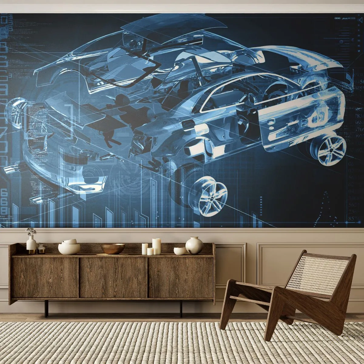 Fotomurali Premium Sand - Modello di auto olografico con elementi tecnologici - 100x70cm - Anatomia ingegneristica - Decorazione murale moderna per soggiorno e camera da letto ARTTOR