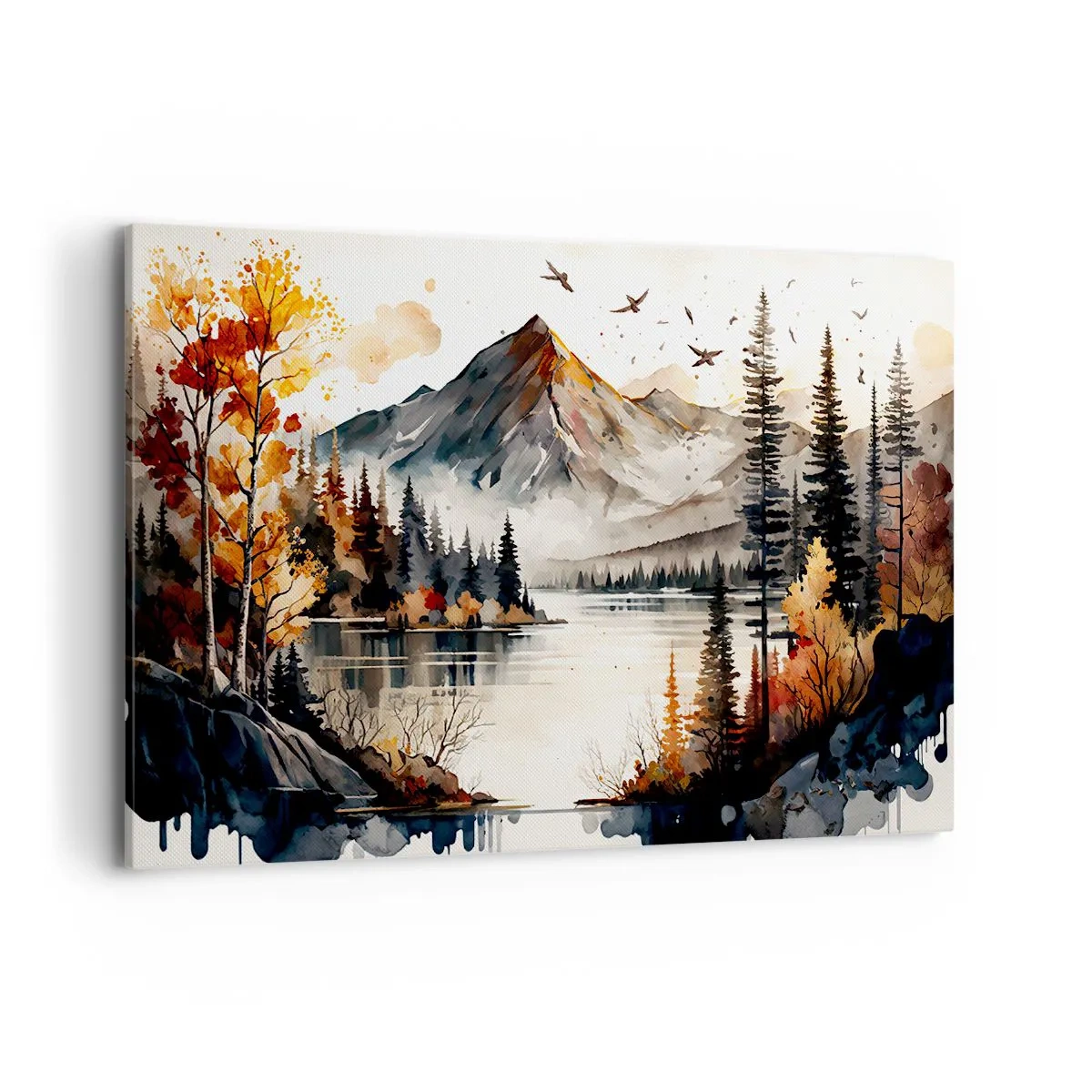 Quadro su tela - Stampe su Tela - Paesaggio montano autunnale con lago e alberi in acquerello - 120x80cm - L'autunno dorato sui monti - Decorazione murale moderna per soggiorno e camera da letto ARTTOR