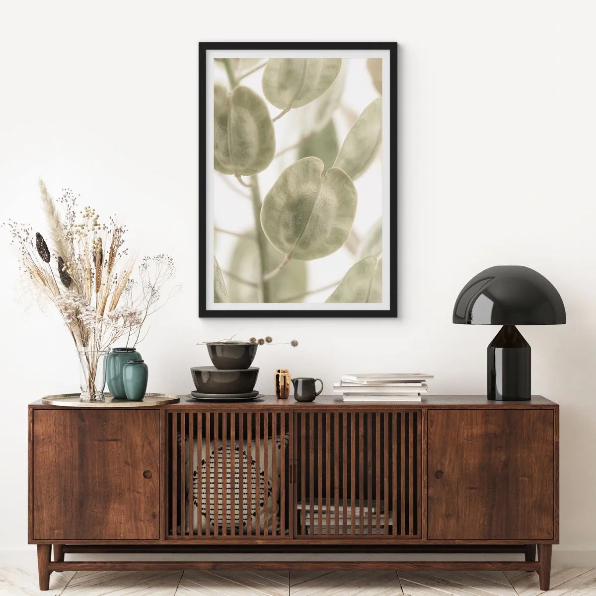 Poster in cornice nera - Primo piano di foglie verdi alla luce naturale - 50x70cm - All'inizio vi erano le foglie... - Decorazione murale moderna per soggiorno e camera da letto ARTTOR