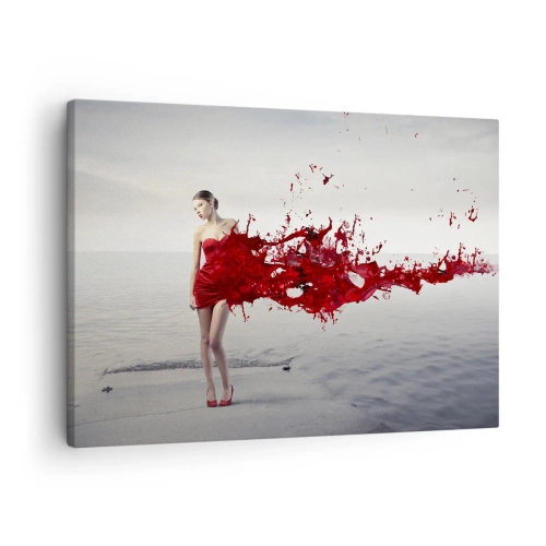 Quadro su tela - Stampe su Tela - Una donna in abito rosso in una composizione artistica in riva all'acqua - 70x50cm - Appassionata come lo scarlatto - Decorazione murale moderna per soggiorno e camera da letto ARTTOR