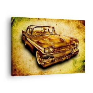 Quadro su tela - Stampe su Tela - Un'auto retrò classica dorata su uno sfondo vintage con effetto invecchiato. - 70x50cm - La bellezza eterna della classicità - Decorazione murale moderna per soggiorno e camera da letto ARTTOR