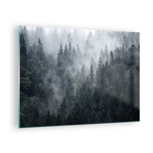 Quadro su vetro - Nebbia sospesa sulla fitta foresta di conifere al mattino - 70x50cm - Alba nel bosco - Decorazione murale moderna per soggiorno e camera da letto ARTTOR