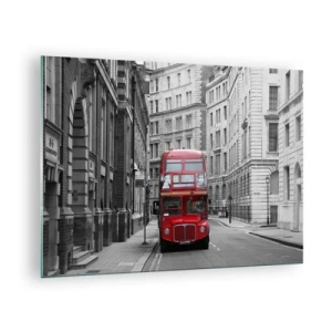 Quadro su vetro - Un autobus rosso tra le strade monocromatiche della città - 70x50cm - Il quotidiano non deve essere grigio - Decorazione murale moderna per soggiorno e camera da letto ARTTOR