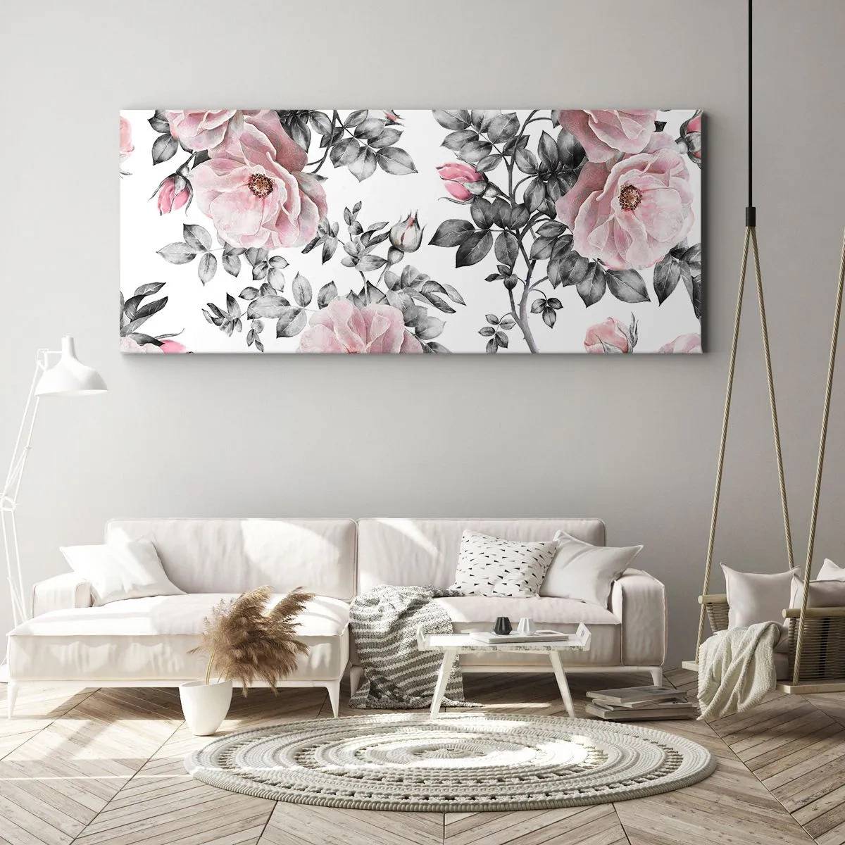 Quadro su tela - Stampe su Tela - Rose rosa e foglie su un delicato sfondo bianco e nero - 120x50cm - Perdersi tra le rose - Decorazione murale moderna per soggiorno e camera da letto ARTTOR
