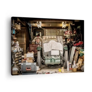 Quadro su tela - Stampe su Tela - Una vecchia auto in un garage circondata da attrezzi e attrezzature - 70x50cm - Ritorno al passato - Decorazione murale moderna per soggiorno e camera da letto ARTTOR