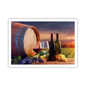 Poster - Vino, bicchieri e una botte in un paesaggio pittoresco - 100x70cm - Qui la vita ha gusto - Decorazione murale moderna per soggiorno e camera da letto ARTTOR