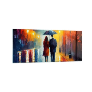 Quadro su vetro - Una coppia sotto un ombrello che cammina attraverso una colorata città notturna - 120x50cm - Insieme la notte è colorata - Decorazione murale moderna per soggiorno e camera da letto ARTTOR