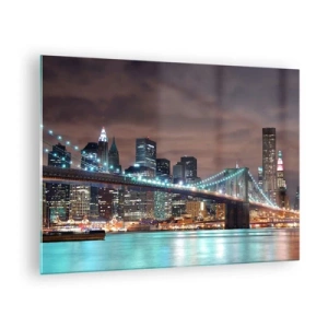 Quadro su vetro - Panorama notturno della città con il ponte illuminato - 70x50cm - Le luci della grande città - Decorazione murale moderna per soggiorno e camera da letto ARTTOR