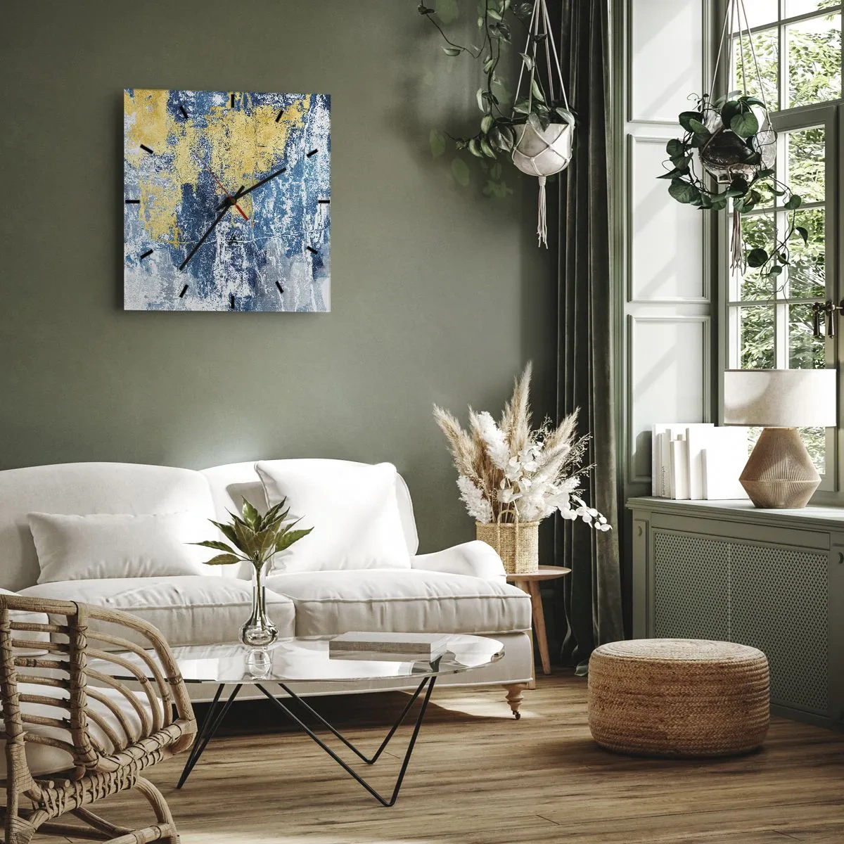 Orologio da parete - Orologio in Vetro - Astrazione nei toni del blu e del giallo - 30x30cm - Astrazione piena di ottimismo - Decorazione murale moderna per soggiorno e camera da letto ARTTOR