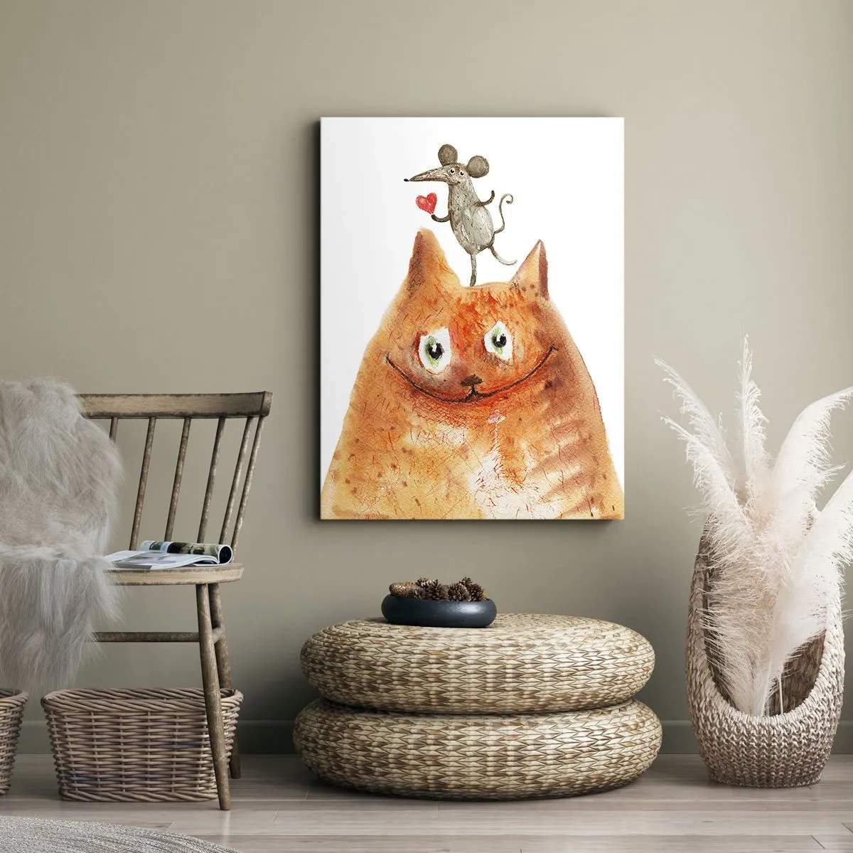 Quadro su tela - Stampe su Tela - Un disegno di un gatto con un topo sulla testa che tiene un cuore - 50x70cm - I paradossi dell'amore - Decorazione murale moderna per soggiorno e camera da letto ARTTOR