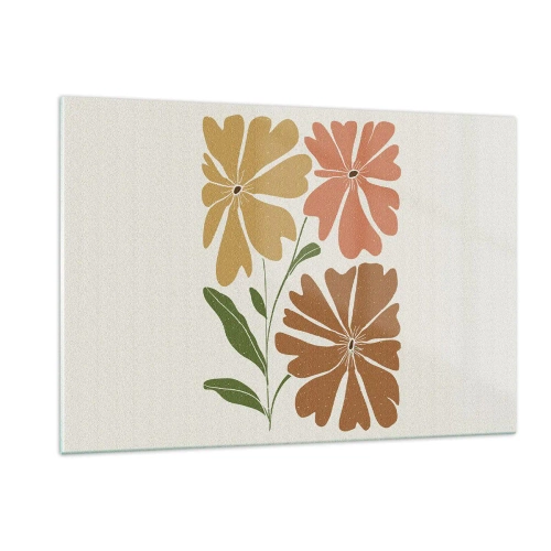 Quadro su vetro - Tre fiori stilizzati dai colori caldi su uno sfondo chiaro - 120x80cm - Natura e geometria - Decorazione murale moderna per soggiorno e camera da letto ARTTOR
