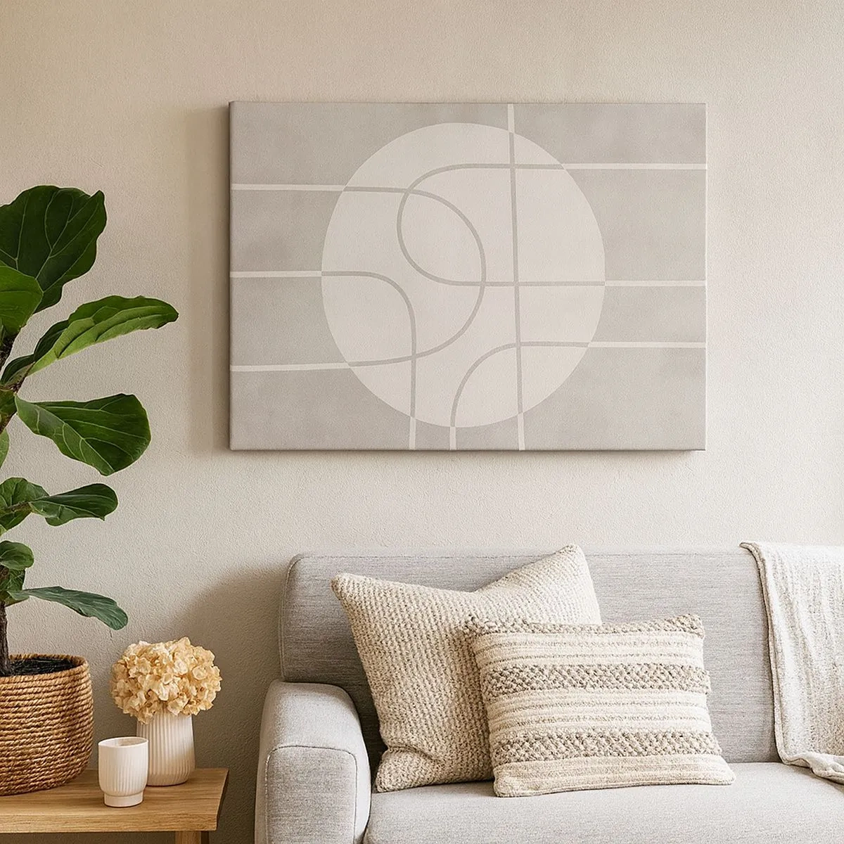 Quadro su tela - Stampe su Tela - Motivo geometrico nei toni del grigio e del bianco - 70x50cm - Tondo e dritto - Decorazione murale moderna per soggiorno e camera da letto ARTTOR