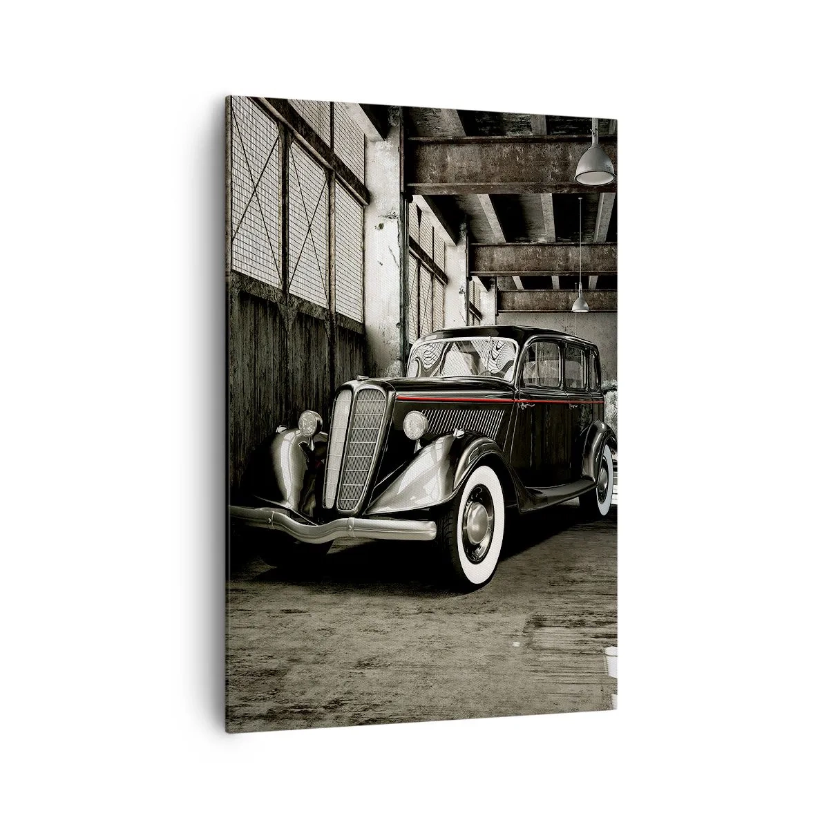 Quadro su tela - Stampe su Tela - Elegante auto retrò in un magazzino grezzo - 70x100cm - L'eleganza eterna degli anni '30 - Decorazione murale moderna per soggiorno e camera da letto ARTTOR