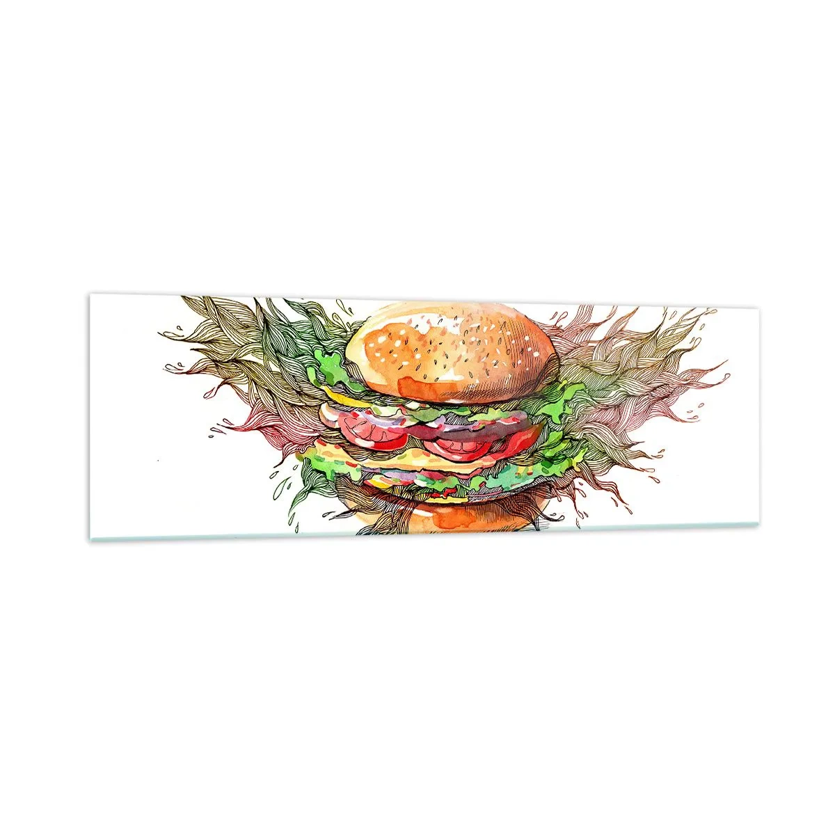 Quadro su vetro - Illustrazione artistica di un hamburger con elementi dinamici - 160x50cm - Una tentazione calda - Decorazione murale moderna per soggiorno e camera da letto ARTTOR