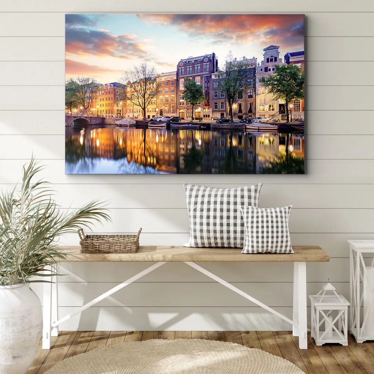 Quadro su tela - Stampe su Tela - Canale con il riflesso delle case popolari nella luce della sera - 120x80cm - Bellezza olandese riservata e tranquilla - Decorazione murale moderna per soggiorno e camera da letto ARTTOR