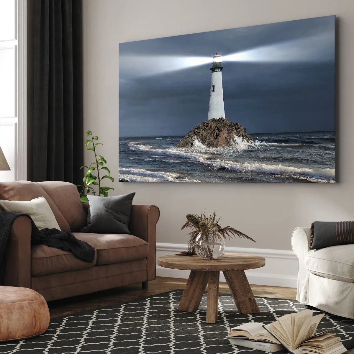 Quadro su tela - Stampe su Tela - Un faro su una roccia circondato da un mare in tempesta - 120x80cm - Qui...qui... qui! - Decorazione murale moderna per soggiorno e camera da letto ARTTOR