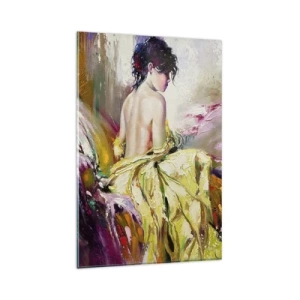 Quadro su vetro - Una scena pittorica di una donna su un letto in un'atmosfera romantica - 80x120cm - Tra la bocca e il bordo della coppa - Decorazione murale moderna per soggiorno e camera da letto ARTTOR
